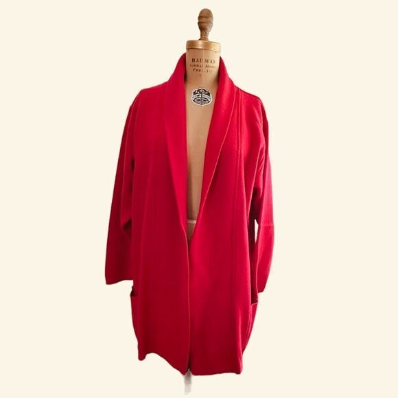 Vintage 70s Lanerossi Red Edge to edge knitted long line jacket cardigan Large - Picture 2 of 12